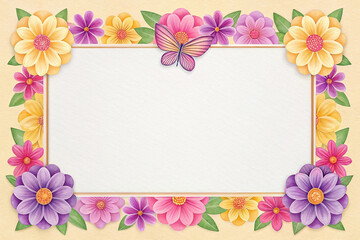 Fototapeta premium Blank floral frame with butterfly and colorful flowers.