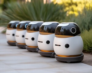 Cute Robot Delivery Fleet Outdoors on Pavement
