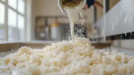 Dairy worker pouring curds in factory
