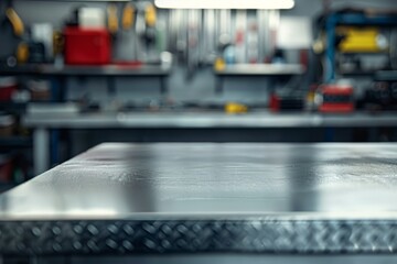 Metal blank table top with blurred automotive tools