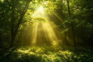 Fototapeta premium Mystische Lichtstrahlen in dichtem Wald voller Grün