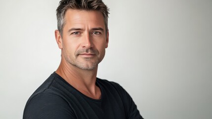 Obraz premium Confident Middle-Aged Man in Casual Black T-Shirt Against Neutral Background