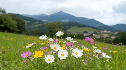 Obraz premium Colorful flowers in meadow with mountains in background