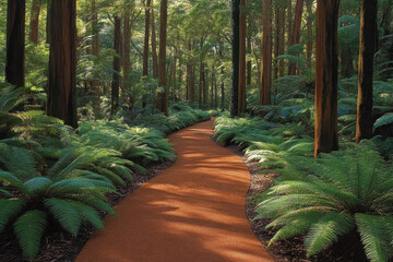 A path through a forest with a red dirt trail