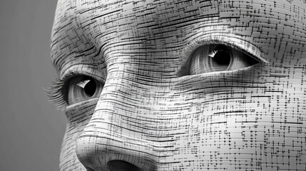 Digital Face Close-up Monochrome 3D Render of AI, Artificial Intelligence, Cyborg AI art, 3D rendering