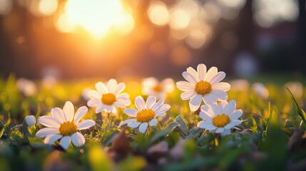 Bright daisies bloom in a lush green meadow, illuminated by warm sunlight during a tranquil spring evening, symbolizing renewal and freshness in nature