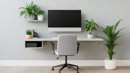 Minimalist Home Office Setup Computer, Plants and Floating Desk, homeoffice, desksetup