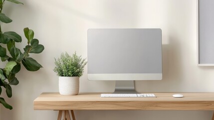Minimalist Home Office Setup Computer, Plant, Wooden Desk, White Background, Clean Aesthetic Home office, minimalist workspace, desktop setup