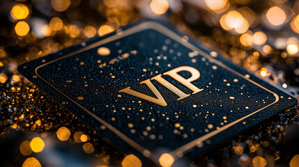 Card with the letters "VIP" in gold on black bokeh  background, resting on surface covered with shiny black round beads.