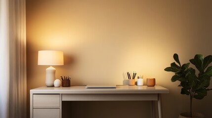 Warm Minimalist Home Office Desk Setup Lamp, Laptop, Plants, Beige Wall, Composition, 3D Render, Home Decor Home office