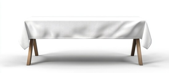 White Tablecloth on Wooden Trestle Table 3D Render, Mockup, Minimalist Design, Table Setting tablecloth, mockup