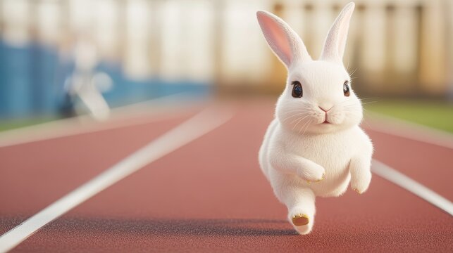 White Rabbit Running on Track 3D Render, Cute Bunny, Sport Concept, digital art, animal, rabbit Cute Bunny, Sports