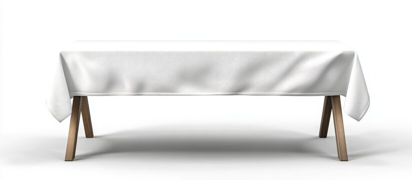 White Tablecloth on Wooden Trestle Table 3D Render, Mockup, Minimalist Design, Table Setting tablecloth, mockup