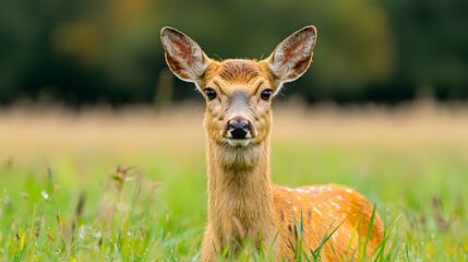 Fototapeta premium Fawn in grassy field, autumn background, wildlife nature