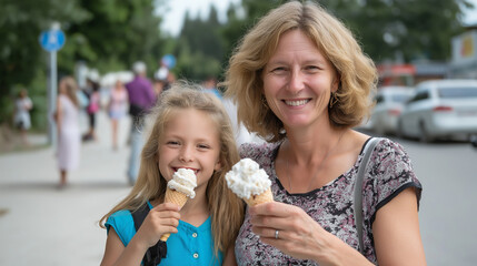 Happy mother and daughter eating ice cream cones outdoors
