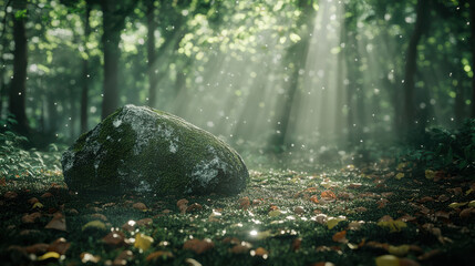 A peaceful forest clearing, where a large mossy boulder sits under the dappled sunlight