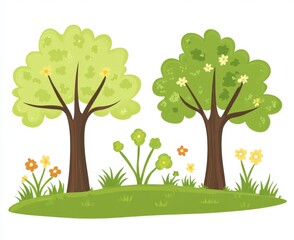 Cheerful Springtime Illustration of Two Trees and Flowers