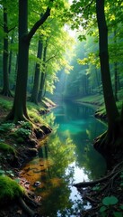 Obraz premium Dense foliage of deciduous trees surrounds a serene forest lake, tree roots, woodlands, water features