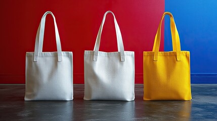 Three Colorful Tote Bags with Various Hues against Backgrounds