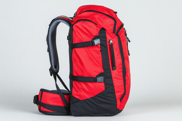 A red backpack with black straps sits on a white background