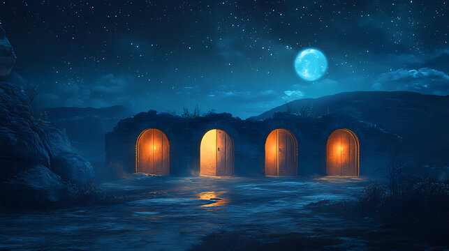 Enigmatic night scene with four illuminated doors, leading to mysterious destinations, set against a backdrop of a starlit sky and moonlit landscape. Enchanted Moonlit Pathway. Illustration