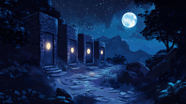 Enigmatic night scene with four illuminated doors, leading to mysterious destinations, set against a backdrop of a starlit sky and moonlit landscape. Enchanted Moonlit Pathway. Illustration