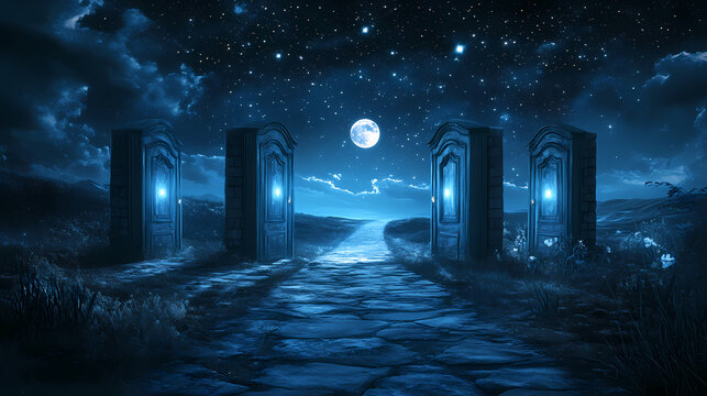 Enigmatic night scene with four illuminated doors, leading to mysterious destinations, set against a backdrop of a starlit sky and moonlit landscape. Enchanted Moonlit Pathway. Illustration
