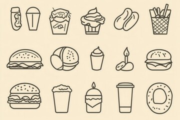 Minimalist Line Art Fast Food Icons on Beige Background