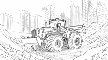 Tractor in Urban Landscape: A robust tractor navigates a rough terrain path, set against the backdrop of a cityscape, hinting at urban agricultural concept.
