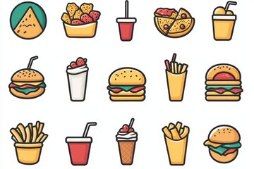 Pixel Art Fast Food Icons Burgers, Fries, Pizza, and Drinks