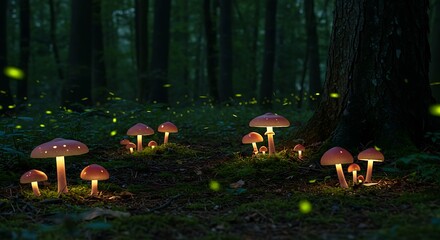 Glowing Mushrooms Forest Night Firefly Magic Ultra HD