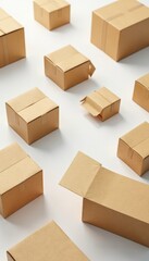 Empty cardboard boxes scattered on a white surface, isolation, boxes