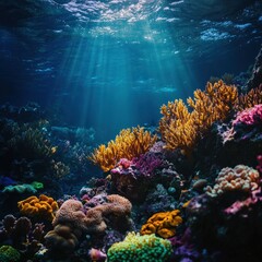 Naklejka premium Underwater coral reef scene, sunbeams illuminating vibrant coral