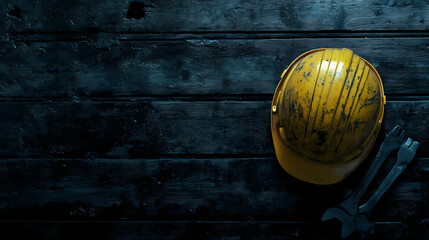 Industrial Resilience: A worn yellow hard hat and sturdy wrenches rest on a weathered wooden surface, telling a tale of dedication, labor, and safety in the industry