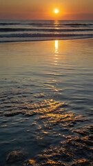 Fototapeta premium Serene Sunset Beach Scenery: Tranquil Ocean Waves and Golden Hour Reflections
