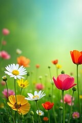 Fototapeta premium Vibrant mix of daisies, poppies, and tulips against a bright green meadow, background, colorful, daisies