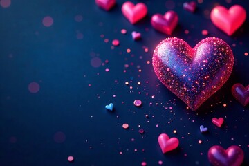 Vibrant heart pattern on midnight blue background with glitter details, design, blue