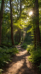 Scenic Forest Pathway: Tranquil Morning Nature Walk Under Tree Canopy