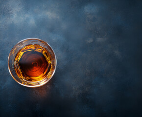 A glass of whiskey . Top view. Free space for text.