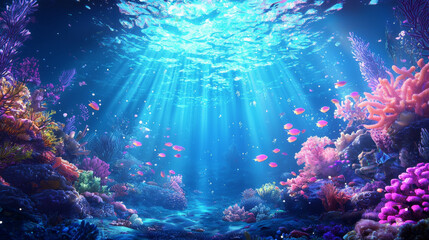 Obraz premium tranquil undersea world adorned with brilliantly lit coral reefs and colorful fish. vibrant marine life creates serene atmosphere