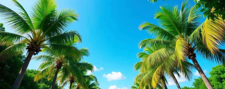 Vibrant palm trees against blue sky, lush greenery, tropical paradise, colorful, palms, vibrant