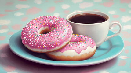 Delicious dessert. Donuts with multicolored sprinkles, a cup of black coffee or tea. Sweets.