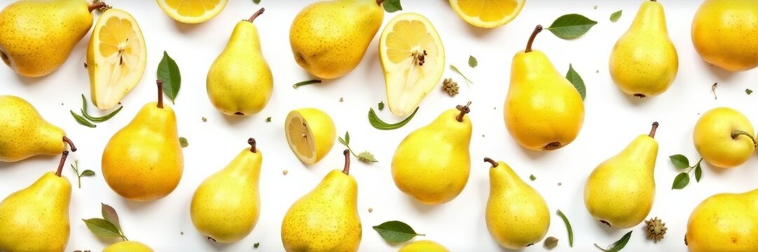 Vibrant pear fruit pattern on white background for packaging design, food, organic