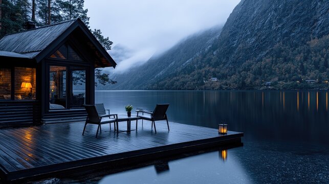 Lakeside cabin, twilight serenity, fjord background, tranquil escape