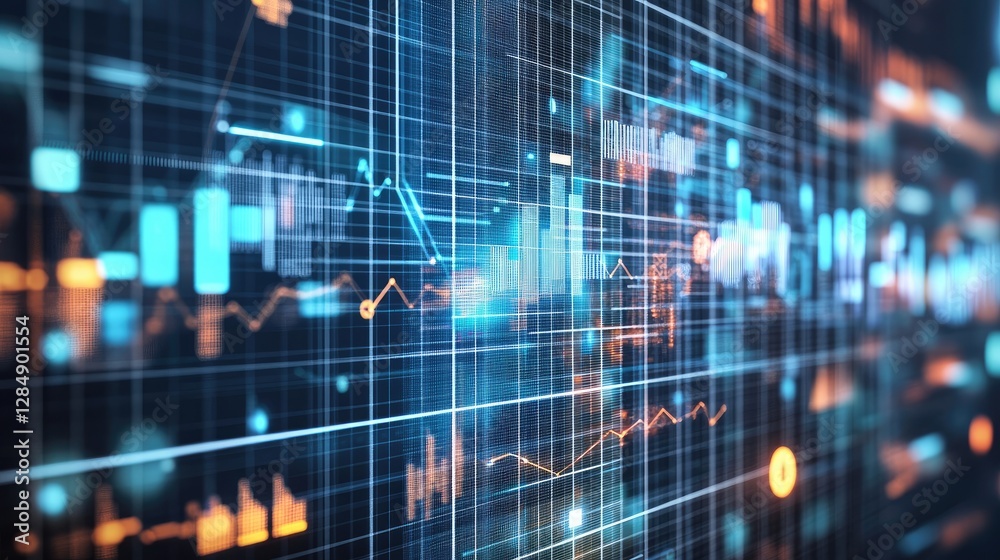Poster abstract visual of project management with interconnected digital graphs, pie charts, and timelines