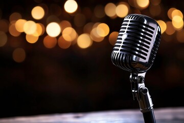 Retro Vintage Microphone on a Stage with Warm Bokeh Lights – Music and Performance Concept