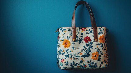 A Floral Patterned Tote Bag Hanging Against a Blue Wall