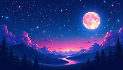 Naklejka premium Vibrant pixel art night sky with twinkling stars and glowing moon, space, pixel art, moon