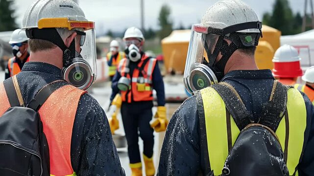 Workers in Protective Gear and Masks for Safety During an Emergency Response with Helmets Gas Masks Suits and Orange Vests in an Industrial Environment with Neutral Lighting and Focus on Teamwork