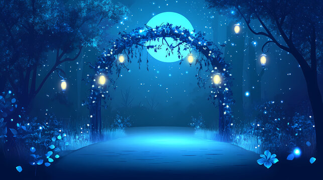 Enchanted forest moonlit archway, glowing lights, fantasy backdrop. Enchanted Moonlit Pathway. Illustration